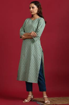 Janasya Light green printed cotton kurta 2