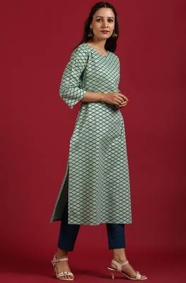 Janasya Light green printed cotton kurta 3