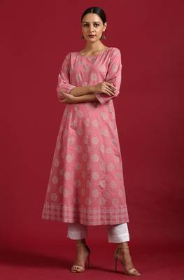 Pink printed cotton kurta 1
