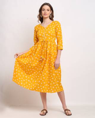Yellow printed cotton ethnic-kurtis 1