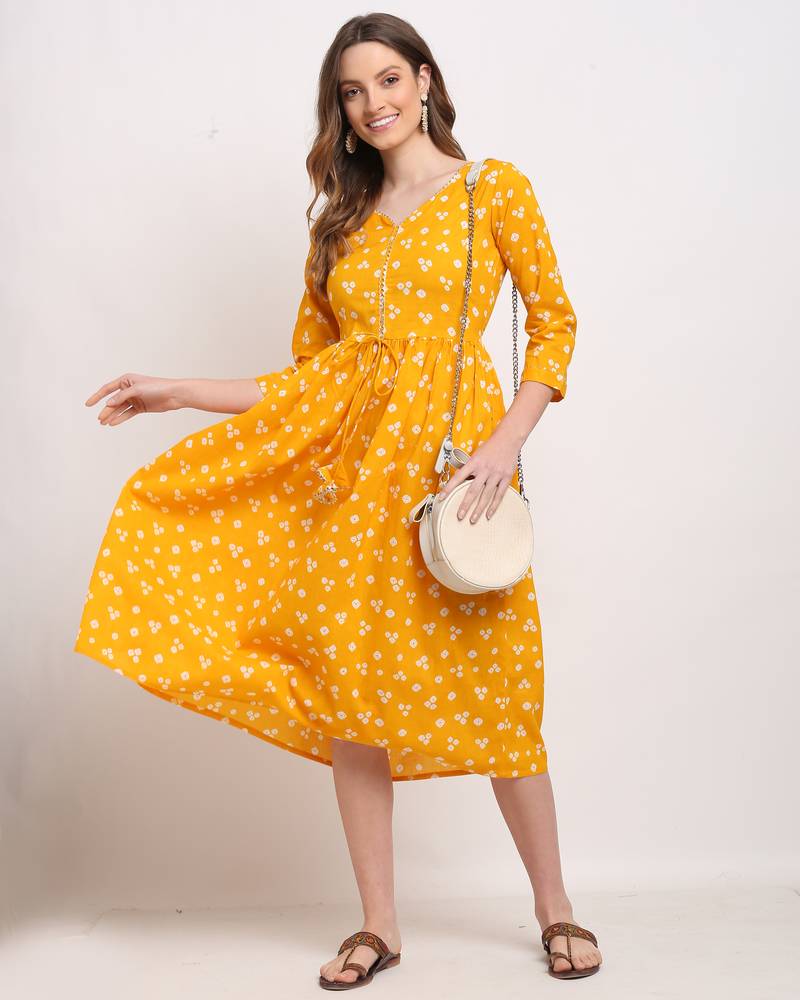 Yellow printed cotton ethnic-kurtis