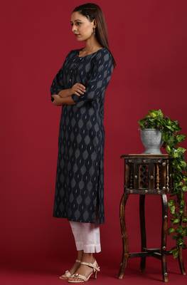 Navy blue printed cotton kurta 2