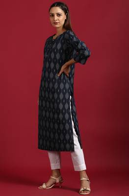 Navy blue printed cotton kurta 3