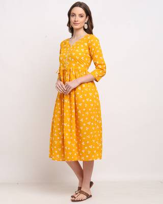 Yellow printed cotton ethnic-kurtis 4