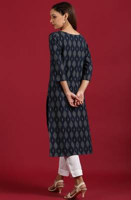 Navy blue printed cotton kurta 4