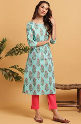 Janasya Turquoise printed cotton kurta 1