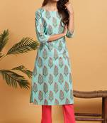 Janasya Turquoise printed cotton kurta