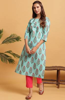 Janasya Turquoise printed cotton kurta 2