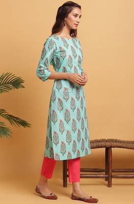 Janasya Turquoise printed cotton kurta 3