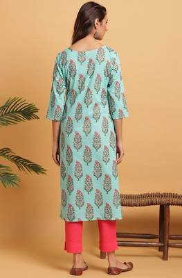 Janasya Turquoise printed cotton kurta 4