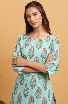 Janasya Turquoise printed cotton kurta 5