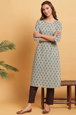 Janasya Green printed cotton kurta 1