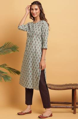 Janasya Green printed cotton kurta 2