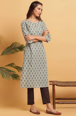 Janasya Green printed cotton kurta 3