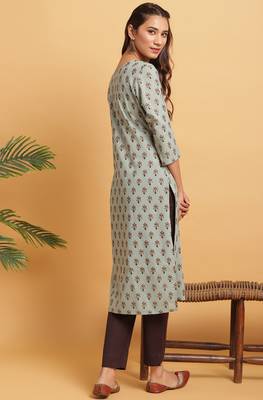 Janasya Green printed cotton kurta 4