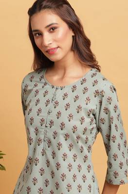 Janasya Green printed cotton kurta 5