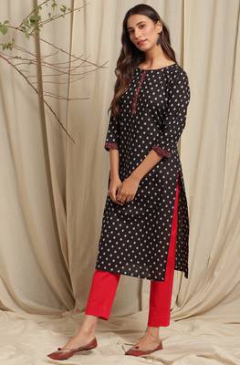 Janasya Black printed cotton kurta 1
