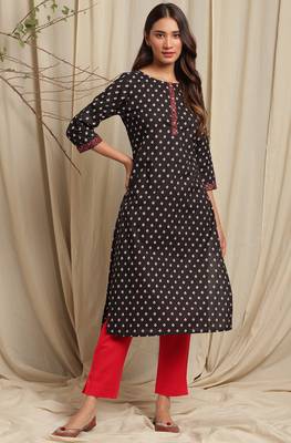 Janasya Black printed cotton kurta 2