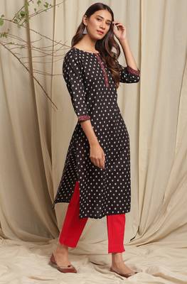 Janasya Black printed cotton kurta 3