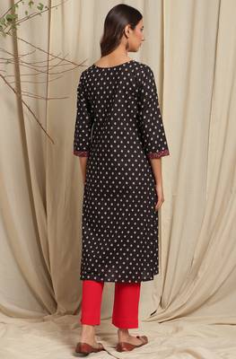 Janasya Black printed cotton kurta 4