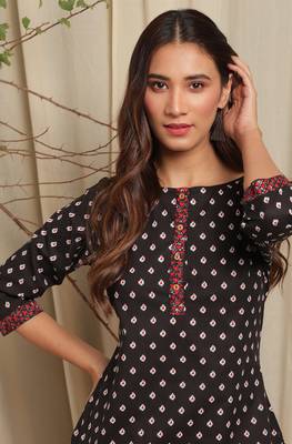 Janasya Black printed cotton kurta 5