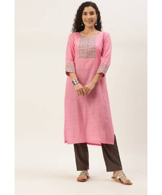 Women Pink Cotton Print Patch Straight Kurta 1
