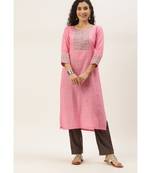 Women Pink Cotton Print Patch Straight Kurta