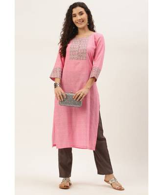 Women Pink Cotton Print Patch Straight Kurta 2