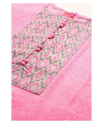 Women Pink Cotton Print Patch Straight Kurta 3