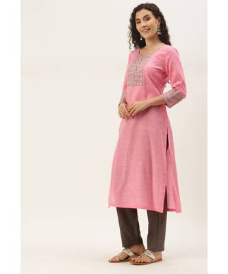 Women Pink Cotton Print Patch Straight Kurta 4