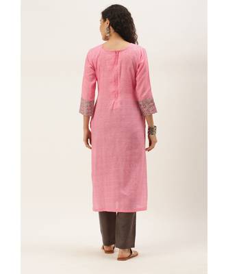 Women Pink Cotton Print Patch Straight Kurta 5