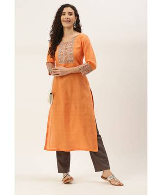 Women Peach Cotton Print Patch Straight Kurta 1