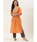 Women Peach Cotton Print Patch Straight Kurta