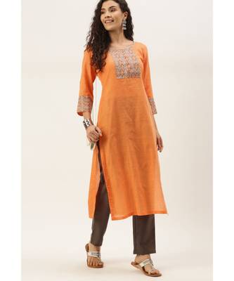 Women Peach Cotton Print Patch Straight Kurta 2