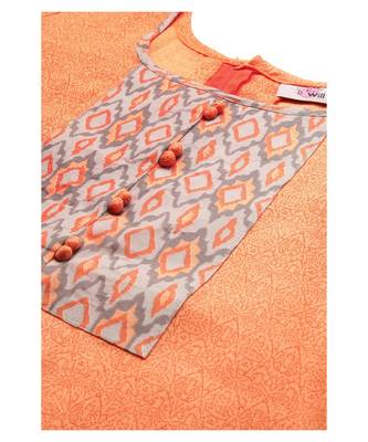 Women Peach Cotton Print Patch Straight Kurta 3