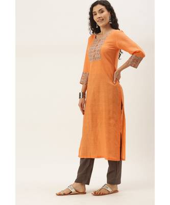 Women Peach Cotton Print Patch Straight Kurta 4