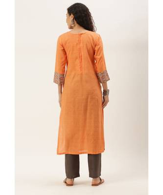 Women Peach Cotton Print Patch Straight Kurta 5