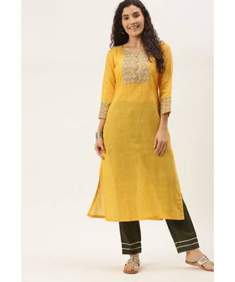 Women Orange Cotton Print Patch Straight Kurta 1