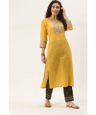 Women Orange Cotton Print Patch Straight Kurta 2