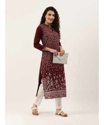 Women's Maroon Khadi Print American Crape Kurti 5