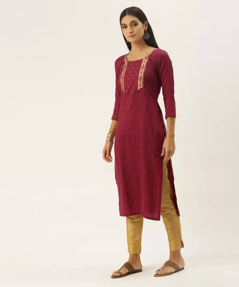 Magenta chinon embroidered With sequins Work kurta