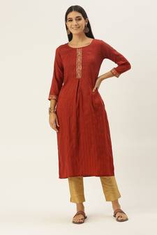 Rust chinon embroidered With sequins Work kurta