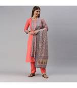 Women Pink & Grey Cotton Blend Yoke Printed Kurta with Pant & Dupatta