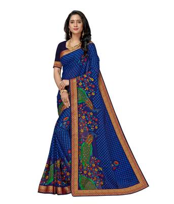 Blue Soft chiffon peacock printed saree with  blouselace border and unstitched blouse 1