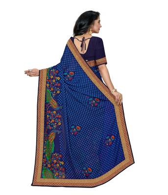 Blue Soft chiffon peacock printed saree with  blouselace border and unstitched blouse 2