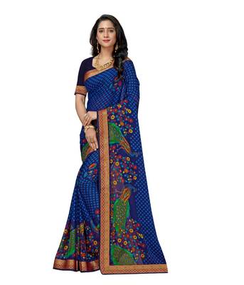 Blue Soft chiffon peacock printed saree with  blouselace border and unstitched blouse 3