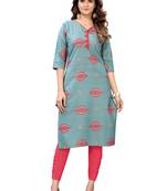 Sea-green printed cotton cotton-kurtis