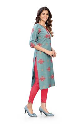 Sea-green printed cotton cotton-kurtis 3
