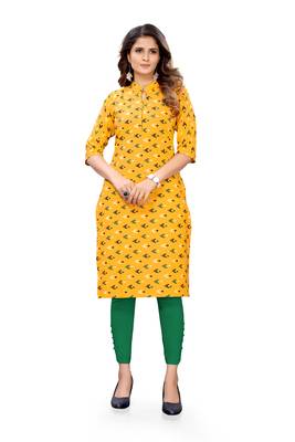 Yellow printed cotton cotton-kurtis 1