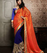 Deep Orange and Royal Blue embroidered art_silk saree with blouse